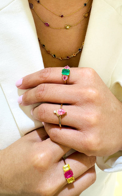 Ruby And Yellow Sapphire Rectangle Ring In 18K Yellow Gold - Tresor Collection Stackable ruby and yellow sapphire gold ring styled on model – fine gemstone jewelry by Tresor Collection