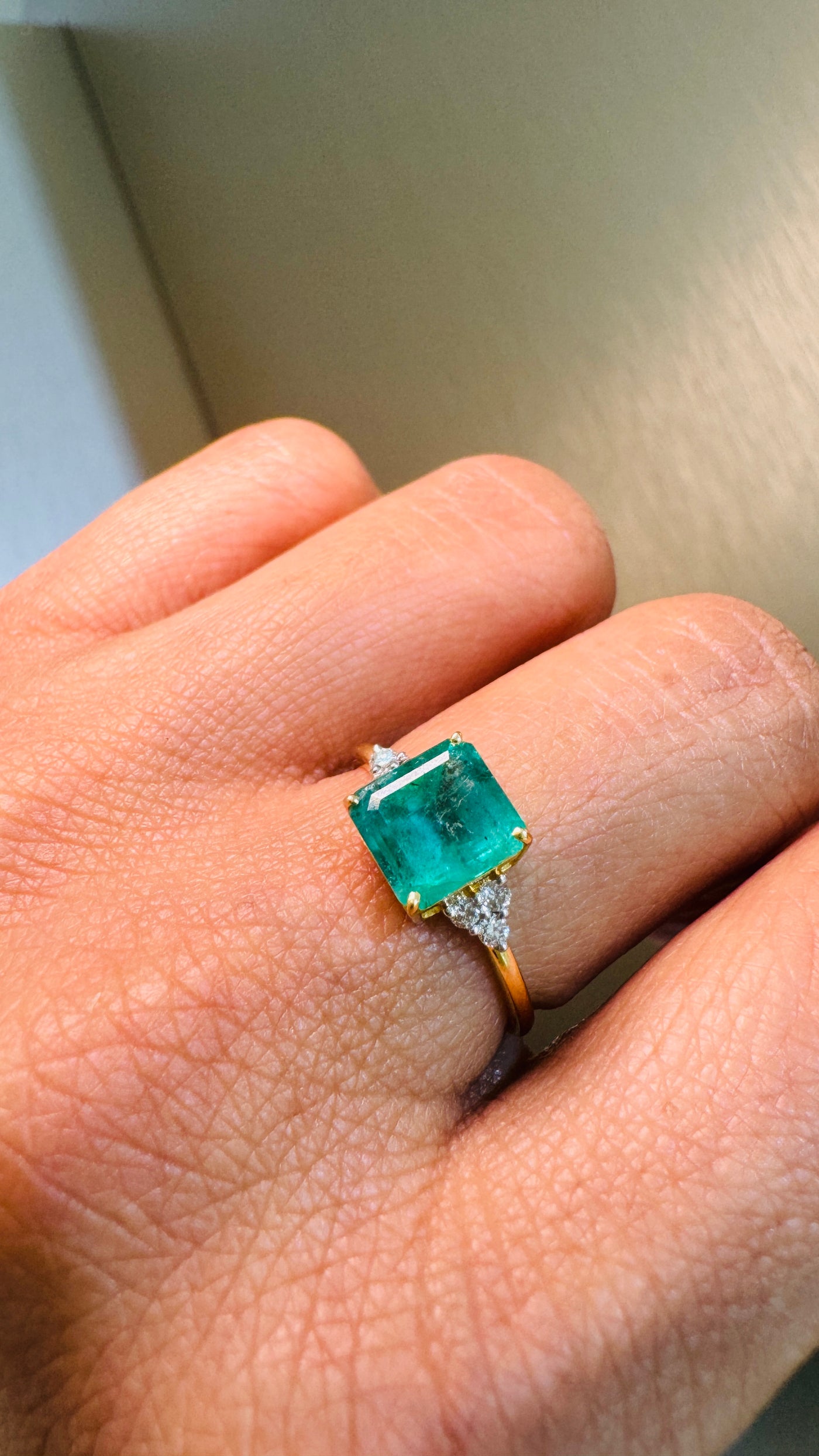 Emerald Square & Diamond Round Ring In 18K Yellow Gold