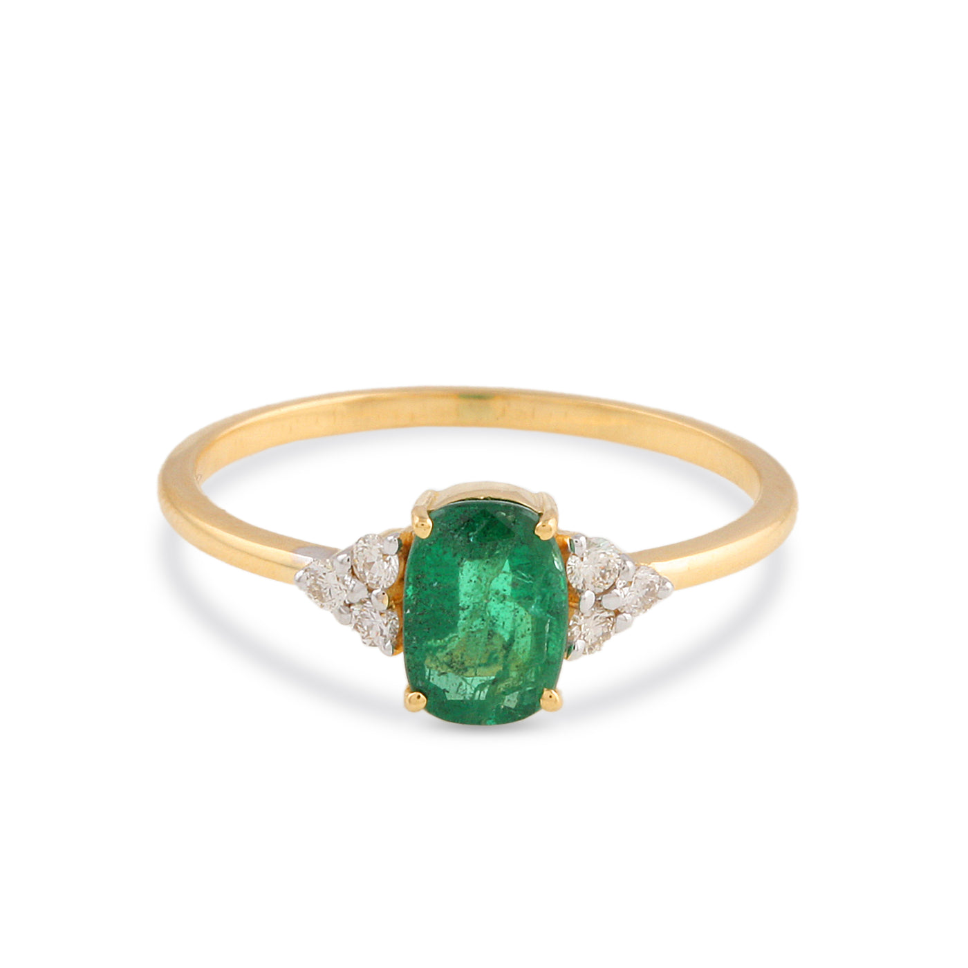 Emerald Oval. & Diamond Rd. Ring In 18K Yellow Gold