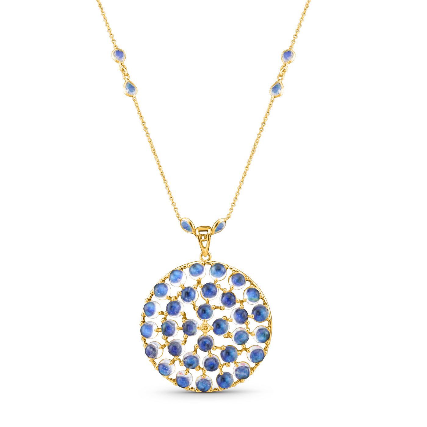 Rainbow Moonstone Round & Diamond Pendant In 18K Yellow Gold