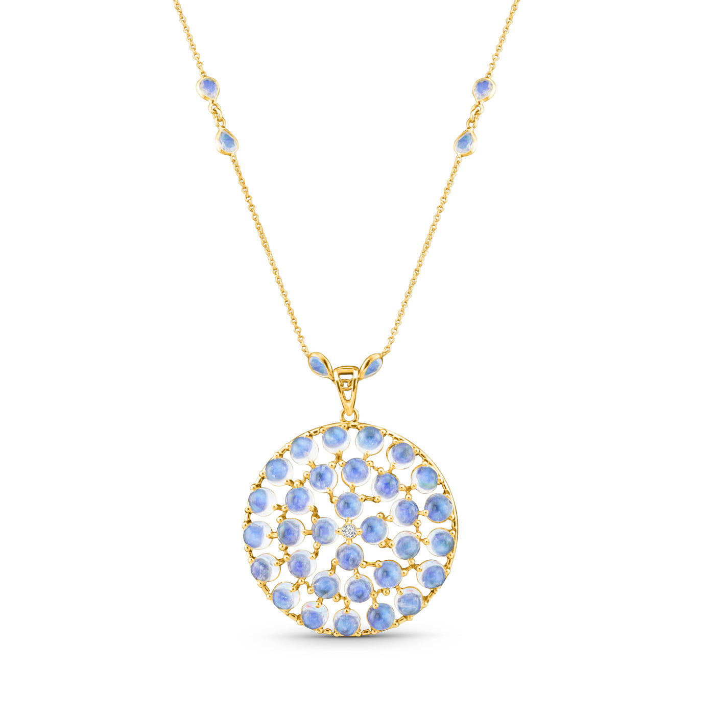 Rainbow Moonstone Round & Diamond Pendant In 18K Yellow Gold