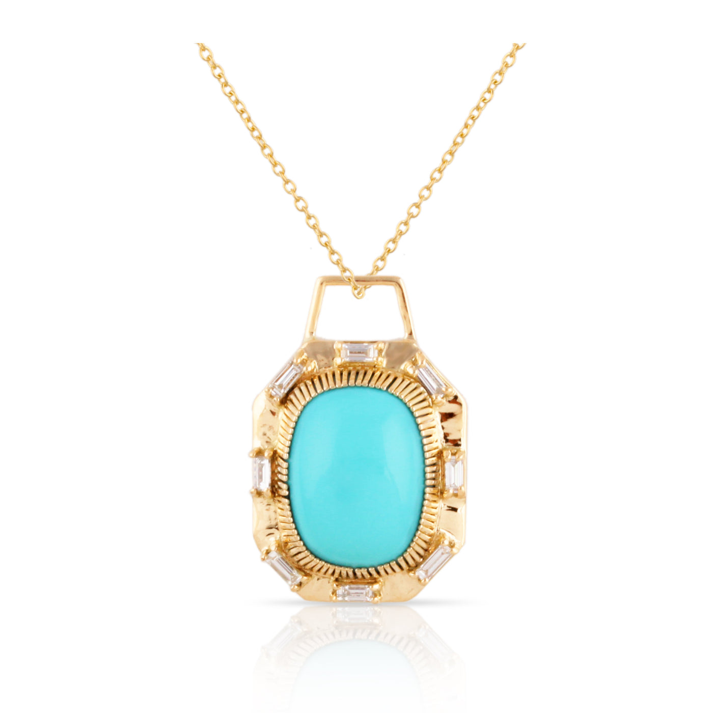 18K Gold Turquoise & Diamond Pendant by Tresor Collection 18K gold Turquoise pendant necklace flatlay – handcrafted statement jewelry by Tresor Collection