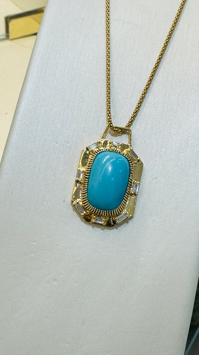 Turquoise Oval & Diamond Rectangle Pendant In 18K Yellow Gold