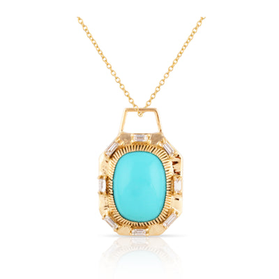 Turquoise Oval & Diamond Rectangle Pendant In 18K Yellow Gold