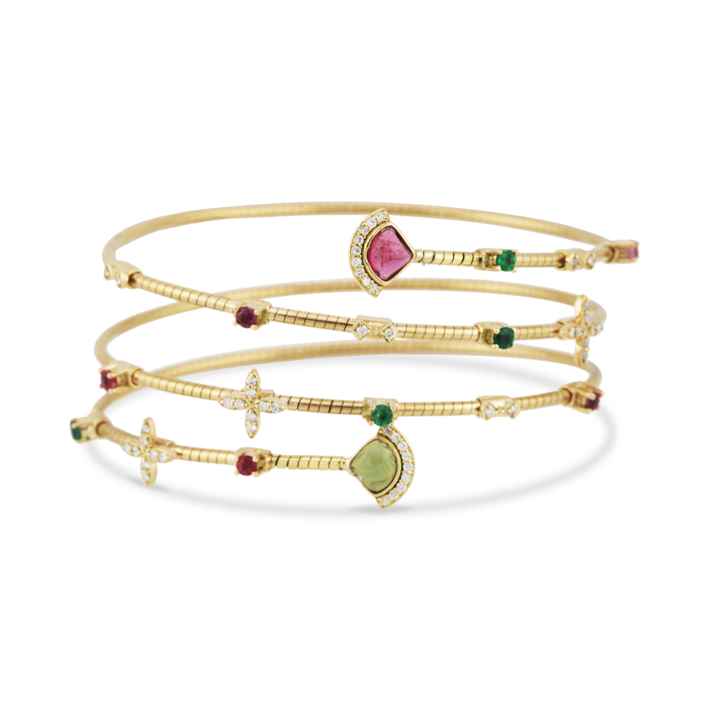 Multicolor Gemstone & Diamond 3 Row Symphony Bracelet In 18K Yellow Gold