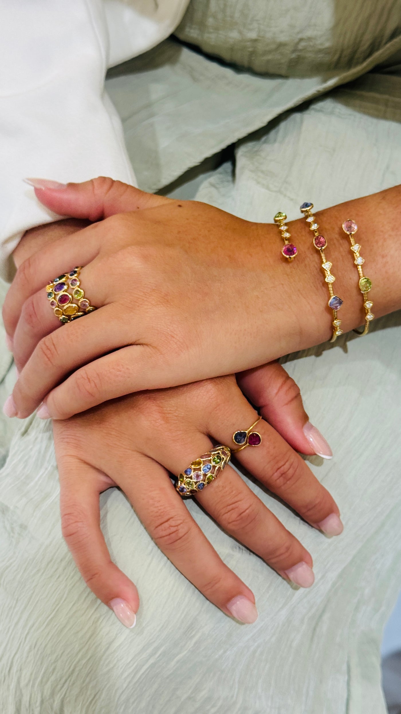 18K gold multi-gemstone bangle on model, side view – modern handcrafted jewelry by Tresor Collection