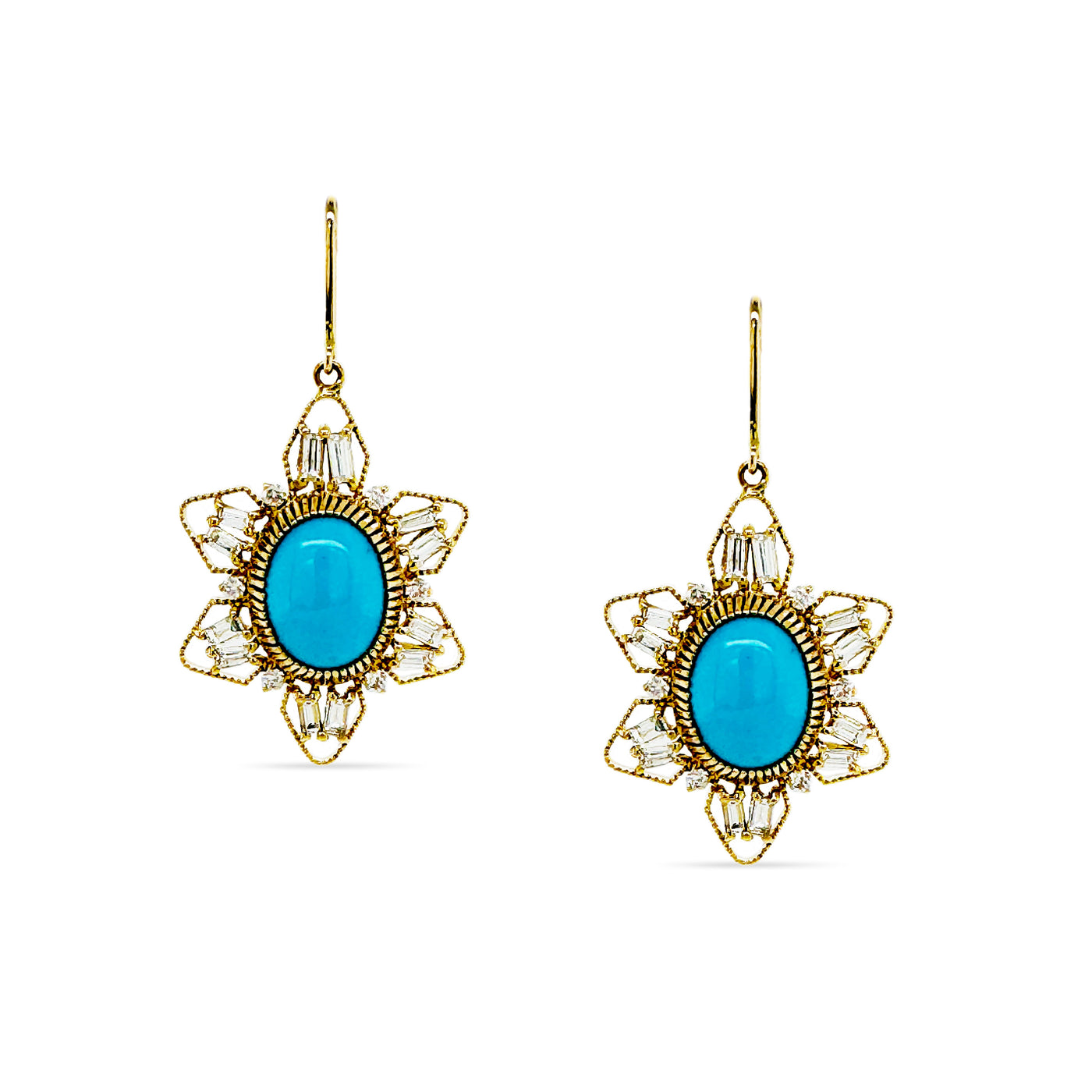 18K gold Turquoise and Diamond oval earrings flatlay – handcrafted fine jewelry by Tresor Collection Gold turquoise earrings front view – showcasing elegant floral design with vibrant turquoise stones.