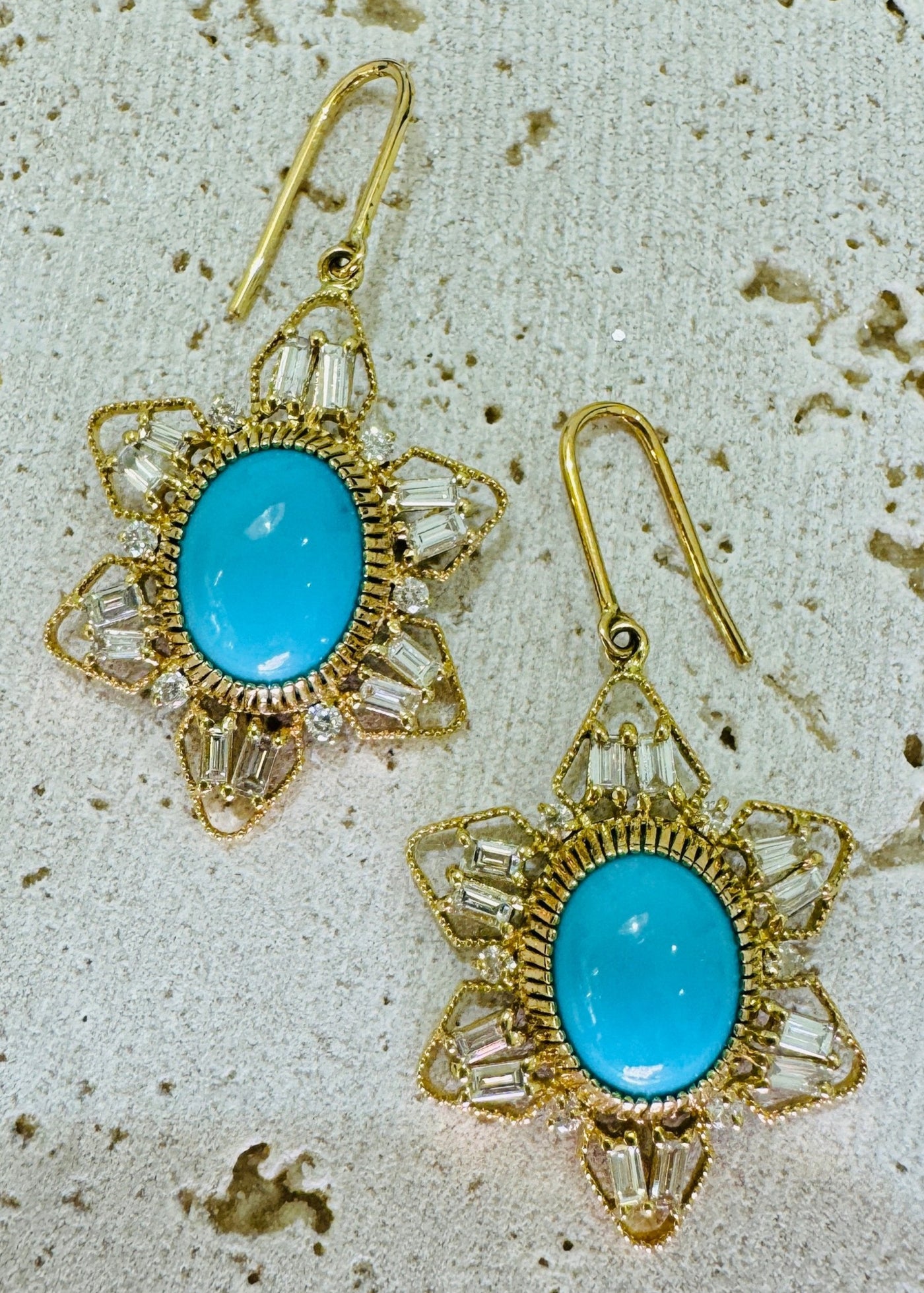 Turquoise Oval & Diamond Earring In 18K Yellow Gold - Tresor Collection Model wearing gold turquoise earrings close-up – capturing the intricate craftsmanship and vivid turquoise.