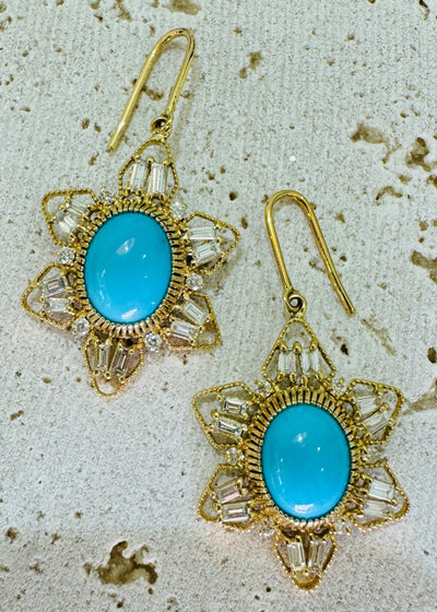 Turquoise Oval & Diamond Earring In 18K Yellow Gold - Tresor Collection Model wearing gold turquoise earrings close-up – capturing the intricate craftsmanship and vivid turquoise.