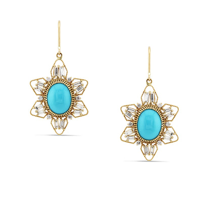 Turquoise Oval & Diamond Earring In 18K Yellow Gold