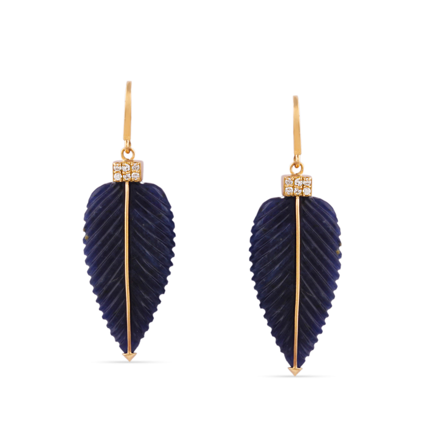 Blue Sapphire Leaf Shape & Diamond Earring In 18K Yellow Gold