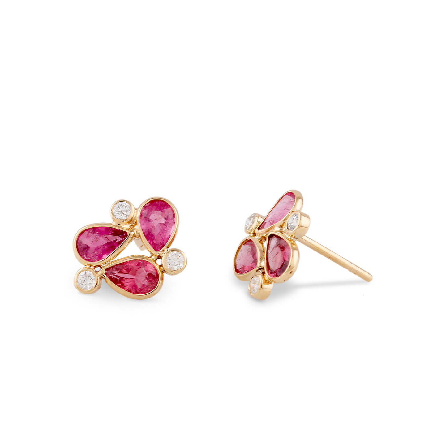 Pink Tourmaline Pear Shape & Diamond Earring Stud In 18K Yellow Gold