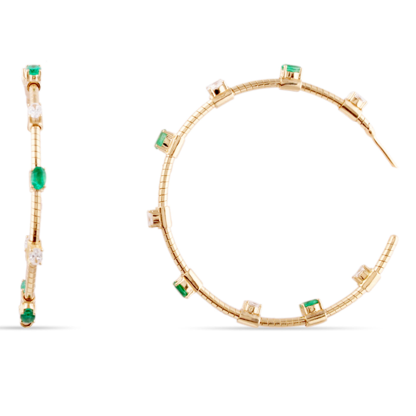 Emerald Oval & Diamond Earring Hoop In 18K Yellow Gold