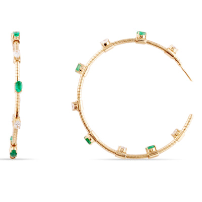 Emerald Oval & Diamond Earring Hoop In 18K Yellow Gold