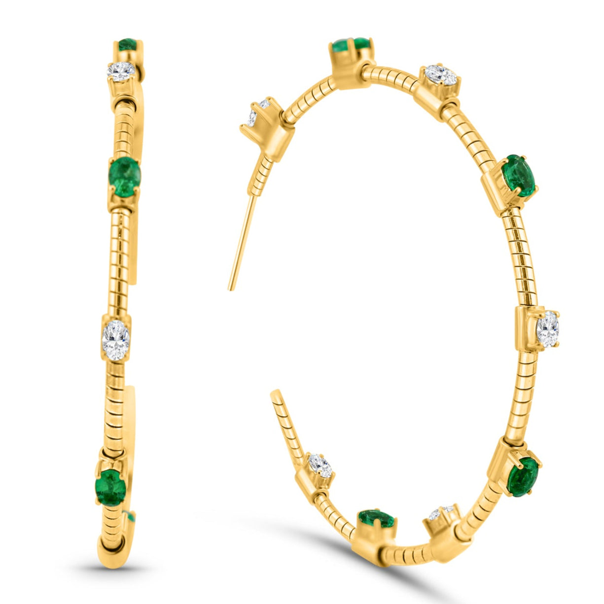 Emerald Oval & Diamond Earring Hoop In 18K Yellow Gold