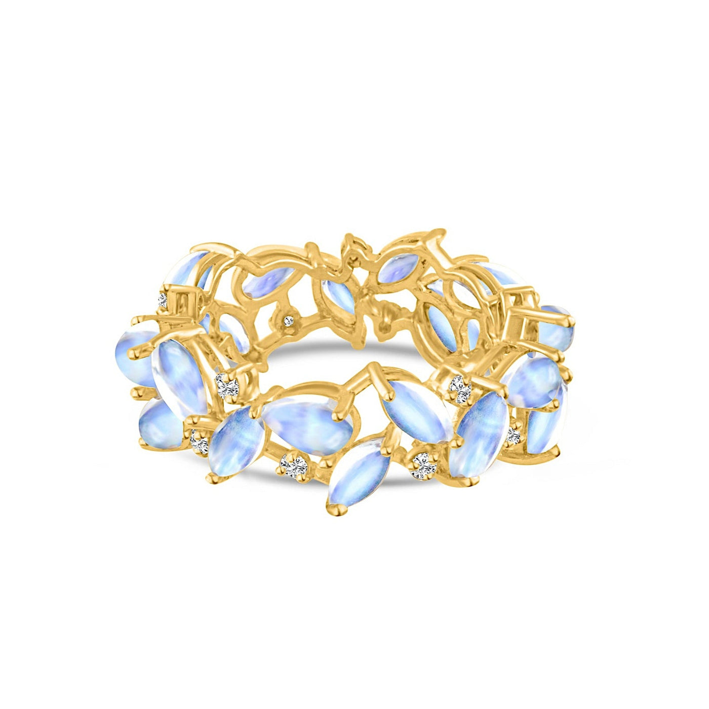 18K Gold Rainbow Moonstone & Diamond Ring – Tresor Collection Gold rainbow moonstone ring flatlay – iridescent gemstone floral band for fine handcrafted jewelry