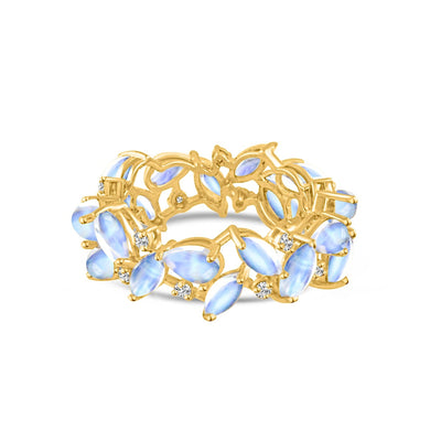 18K Gold Rainbow Moonstone & Diamond Ring – Tresor Collection Gold rainbow moonstone ring flatlay – iridescent gemstone floral band for fine handcrafted jewelry
