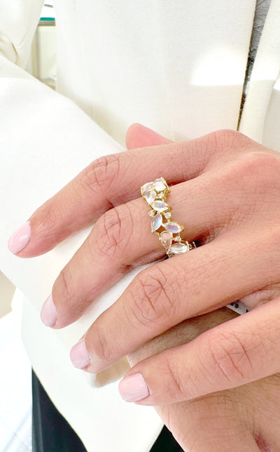 Rainbow Moonstone & Diamond Ring In 18K Yellow Gold - Tresor Collection Gold rainbow moonstone ring on hand – elegant women’s gemstone band with glowing adularescence