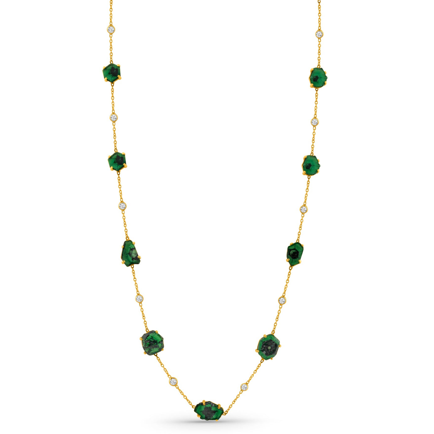 Emerald Unshape And Diamond Necklace In 18K Yellow Gold