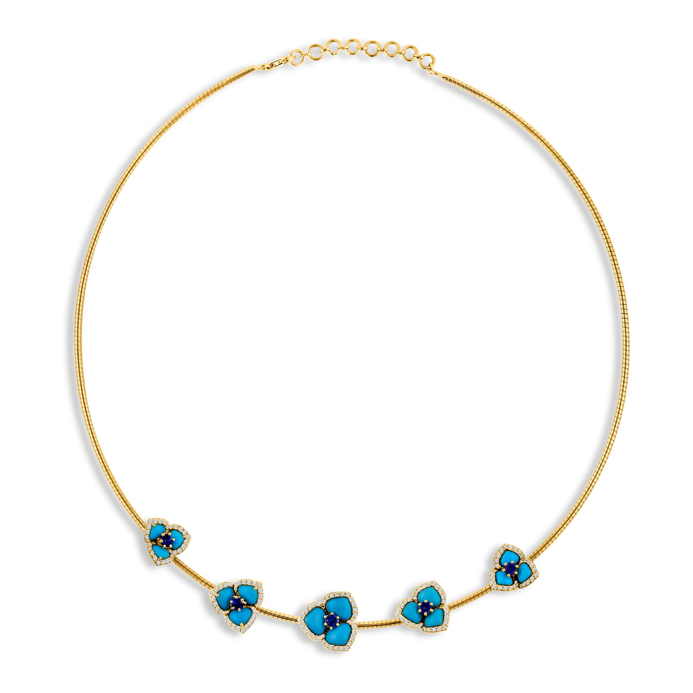 Turquoise Tabiz Shape, Blue Sapphire And Diamond Necklace In 18K Yellow Gold
