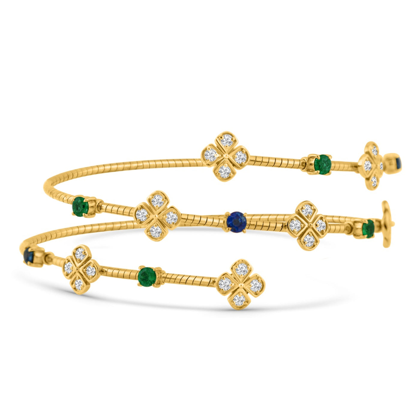 Emerald, Blue Sapphire Round And Diamond Bangle In 18K Yellow Gold