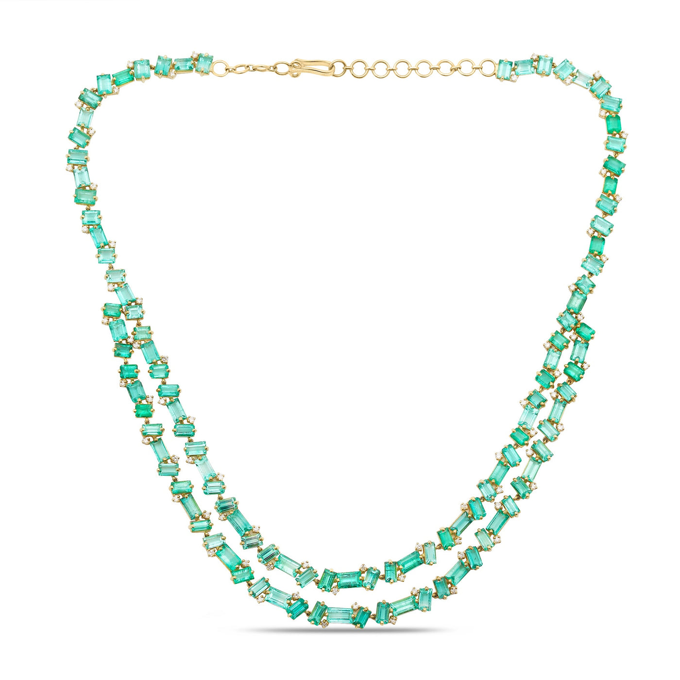 Double-strand green emerald chip bead necklace flatlay – handcrafted natural gemstone jewelry by Tresor Collection