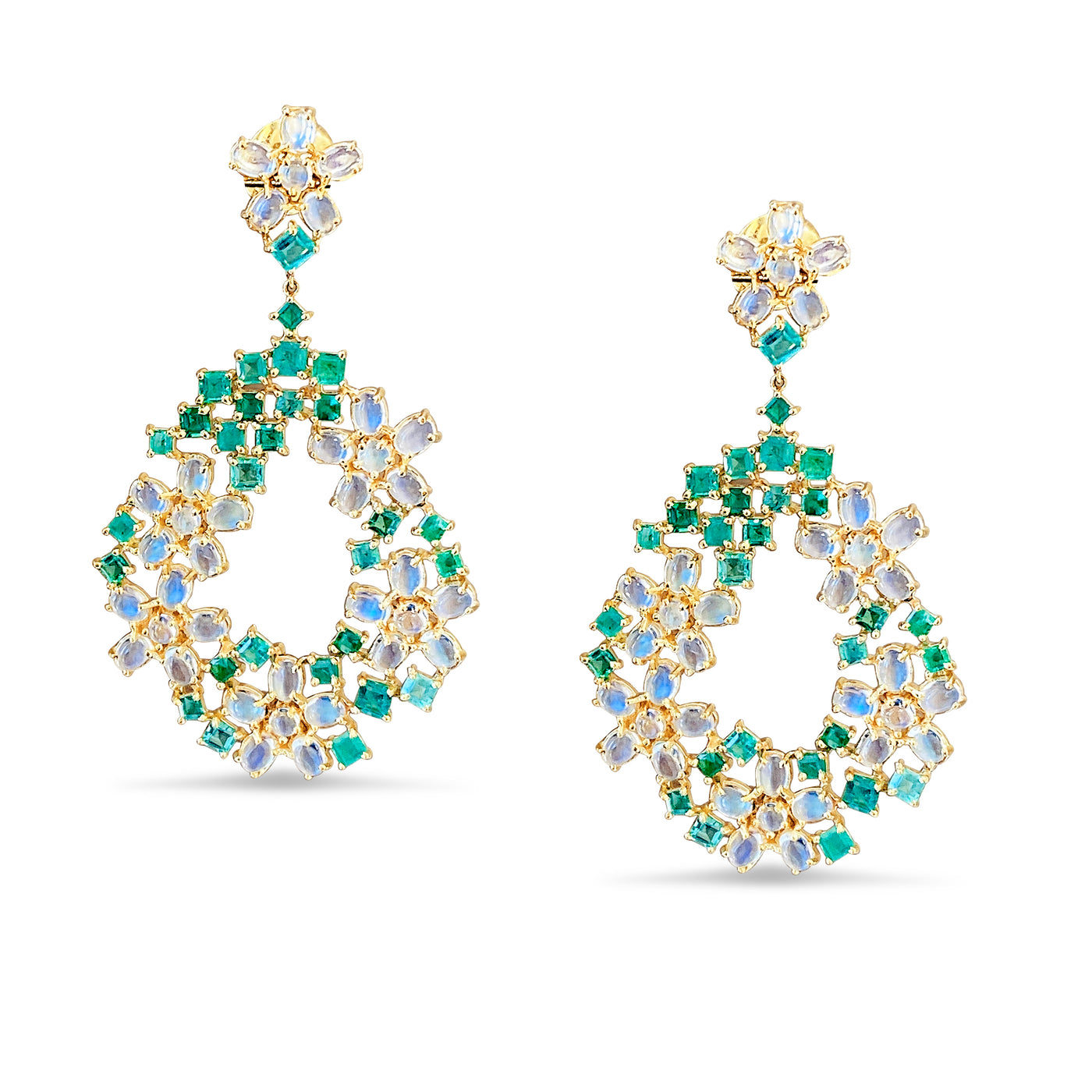 Rainbow Moonstone And Emerald Earring In 18K Yellow Gold