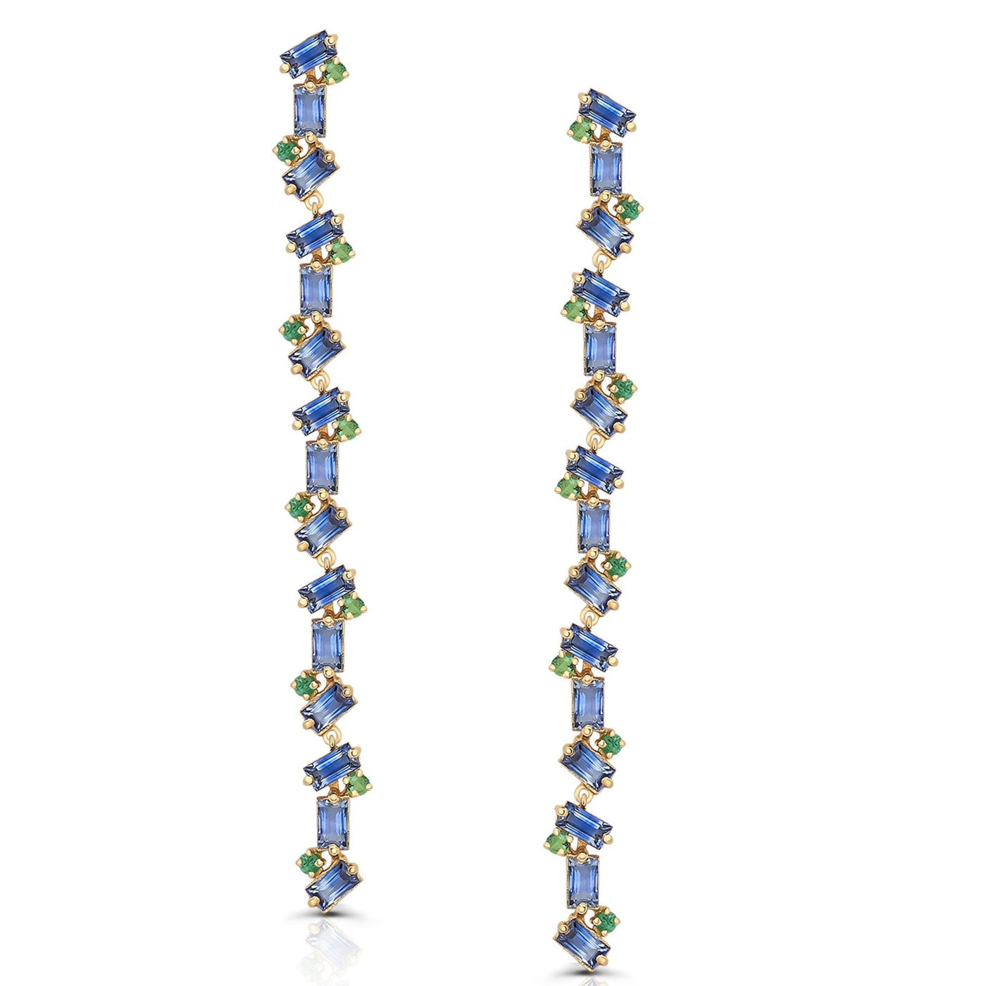 Blue Sapphire and Emerald Linear Earrings in 18k YG