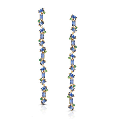 Blue Sapphire Rect. & Emerald Rd. Earring In 18K Yellow Gold