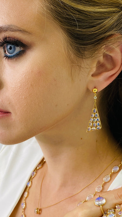 Rainbow Moonstone And Diamond Earring In 18K Yellow Gold - Tresor Collection Side view of 18K gold blue gemstone earrings on model – luxury artisan jewelry