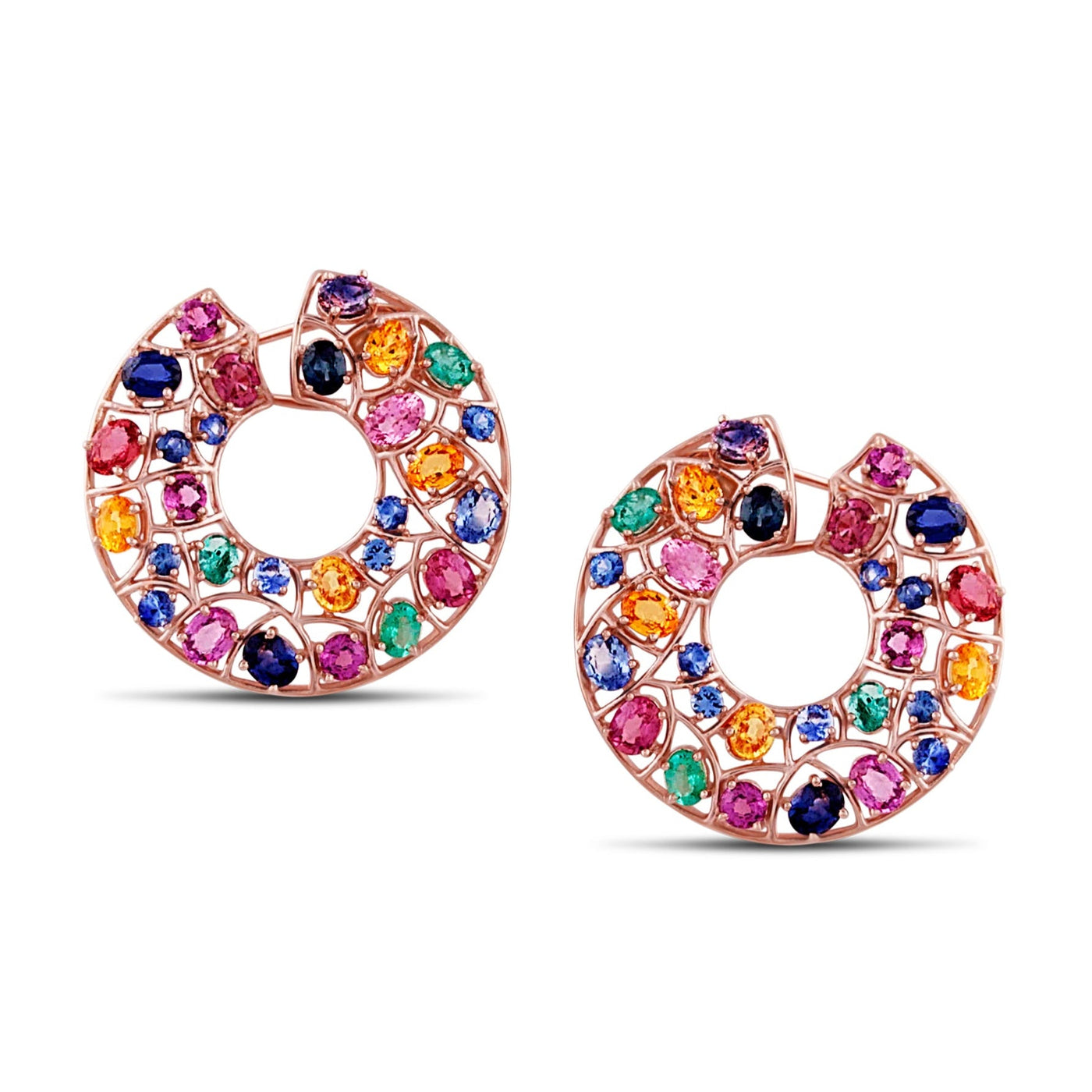 18K Yellow Gold Emerald, Ruby & Sapphire Hoop Earrings by Tresor Collection