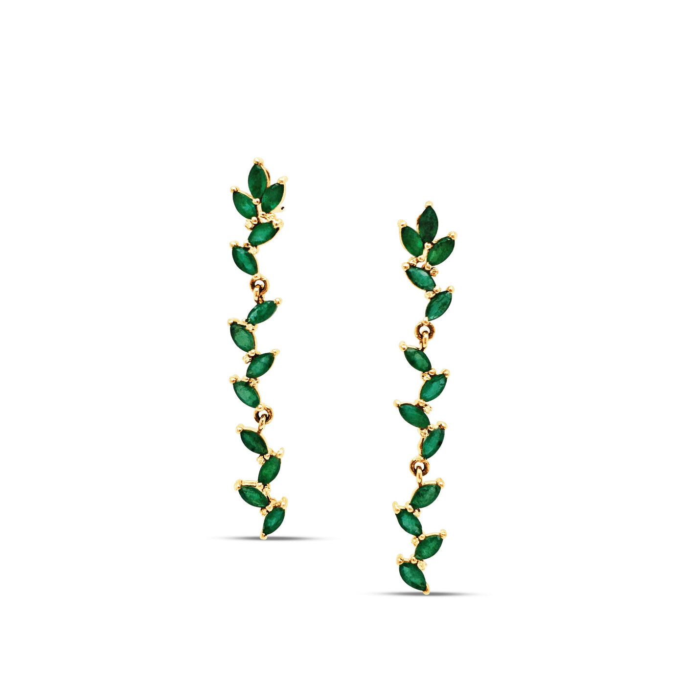 18K Gold Emerald & Diamond Earrings Emerald leaf long drop earrings flatlay – elegant handcrafted fine jewelry by Tresor Collection