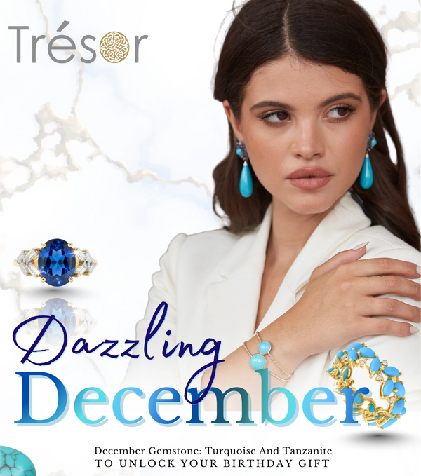 Advertisement for Trésor jewelry with a woman wearing turquoise jewelry against a white background.