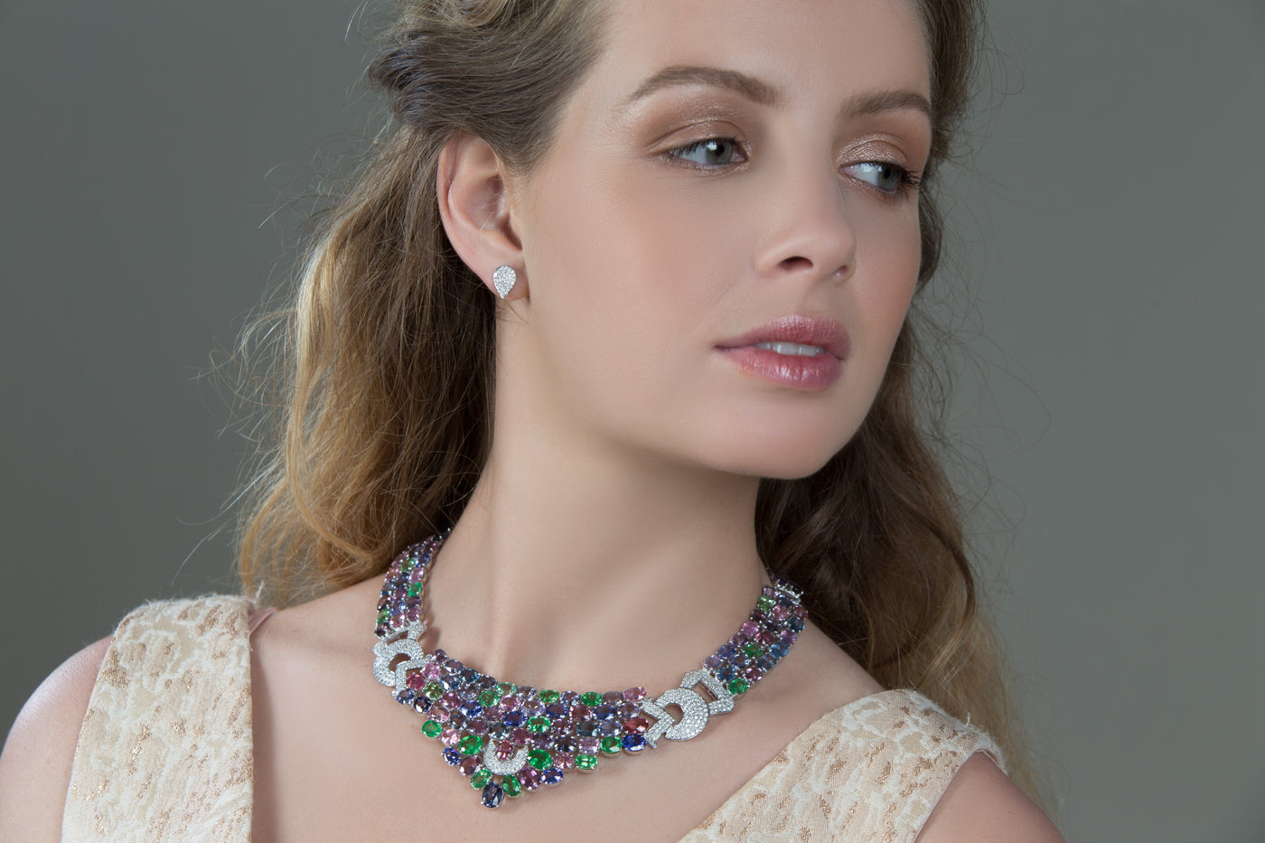 Multicolor Spinal, Tanzanite, Tsavorite And Diamond Necklace In 18K White Gold
