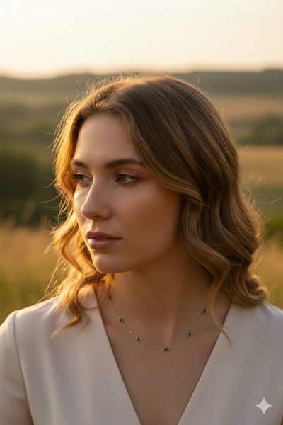 Woman wearing a necklace with a scenic background