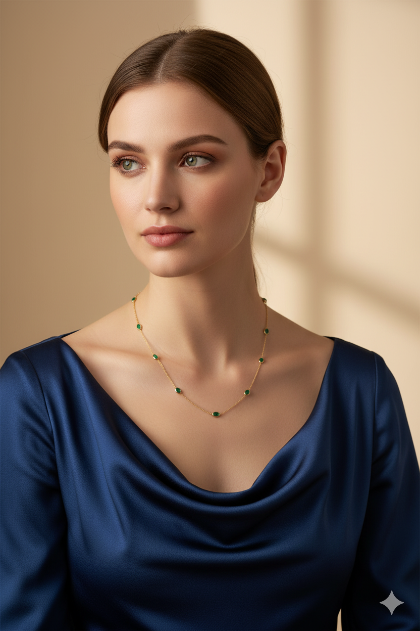 Woman wearing a blue dress and green necklace against a beige background