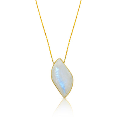 18K Yellow Gold Rainbow Moonstone Necklace by Tresor Collection 18K gold marquise-cut moonstone pendant necklace flatlay – handcrafted fine jewelry by Tresor Collection