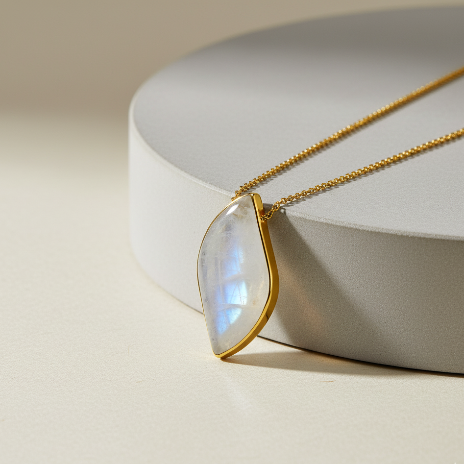 Gold necklace with a unique pendant on a light gray background Close-up of 18K gold moonstone pendant showcasing marquise shape and natural glow