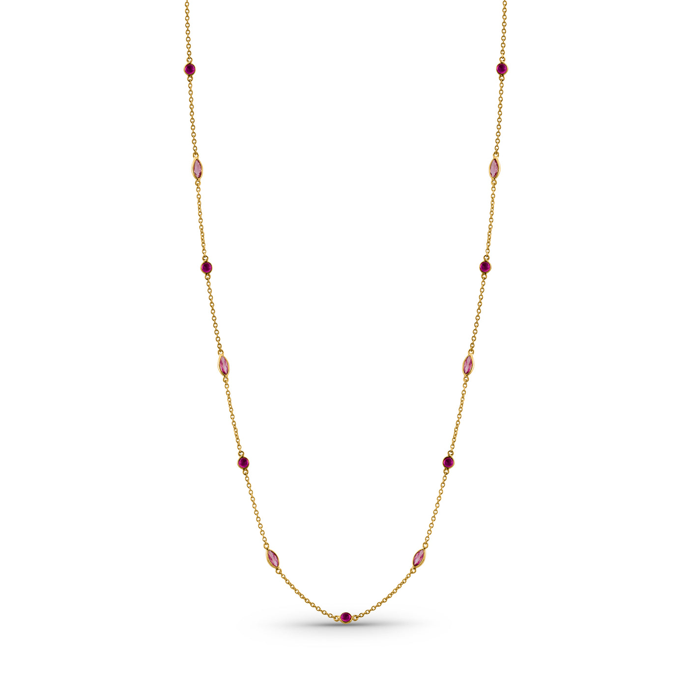 Ruby Round & Pink Sapphire Marquise Necklace  In 18K Yellow Gold