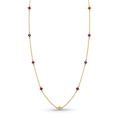 Gemstone Princess-Cut Station Necklace In 18K Yellow Gold