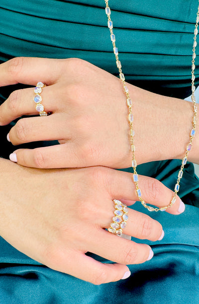 Rainbow Moonstone Rectangle Necklace In 18K Yellow Gold - Tresor Collection 18K gold chain necklace styled with matching bracelet – luxury handcrafted jewelry set