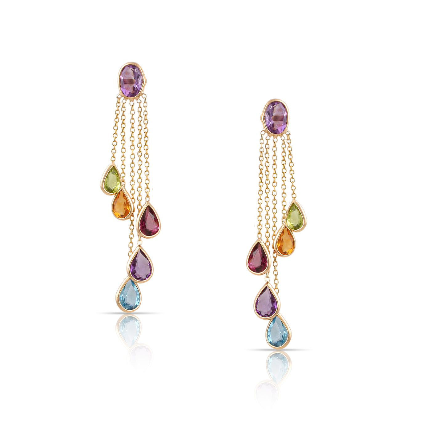 Multicolor Tourmalne Oval And Pear Shape Earring In 18K Yellow Gold