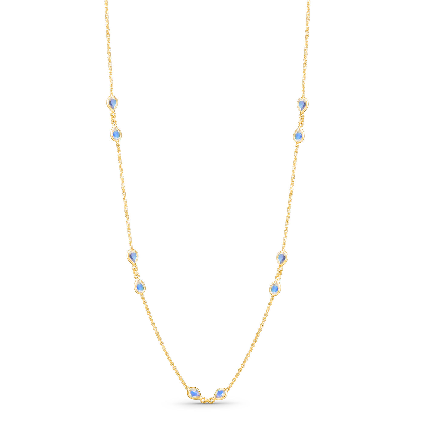 Rainbow Moonstone Pear Shope Necklace In 18K Yellow Gold