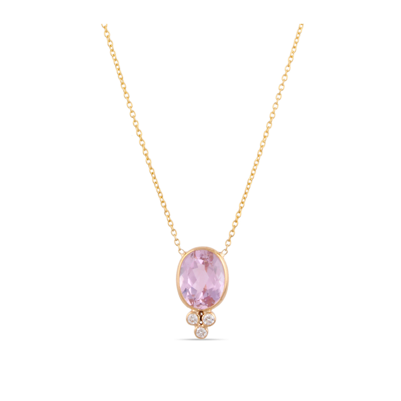 Kunzite Oval & Diamond Necklace In 18K Yellow Gold