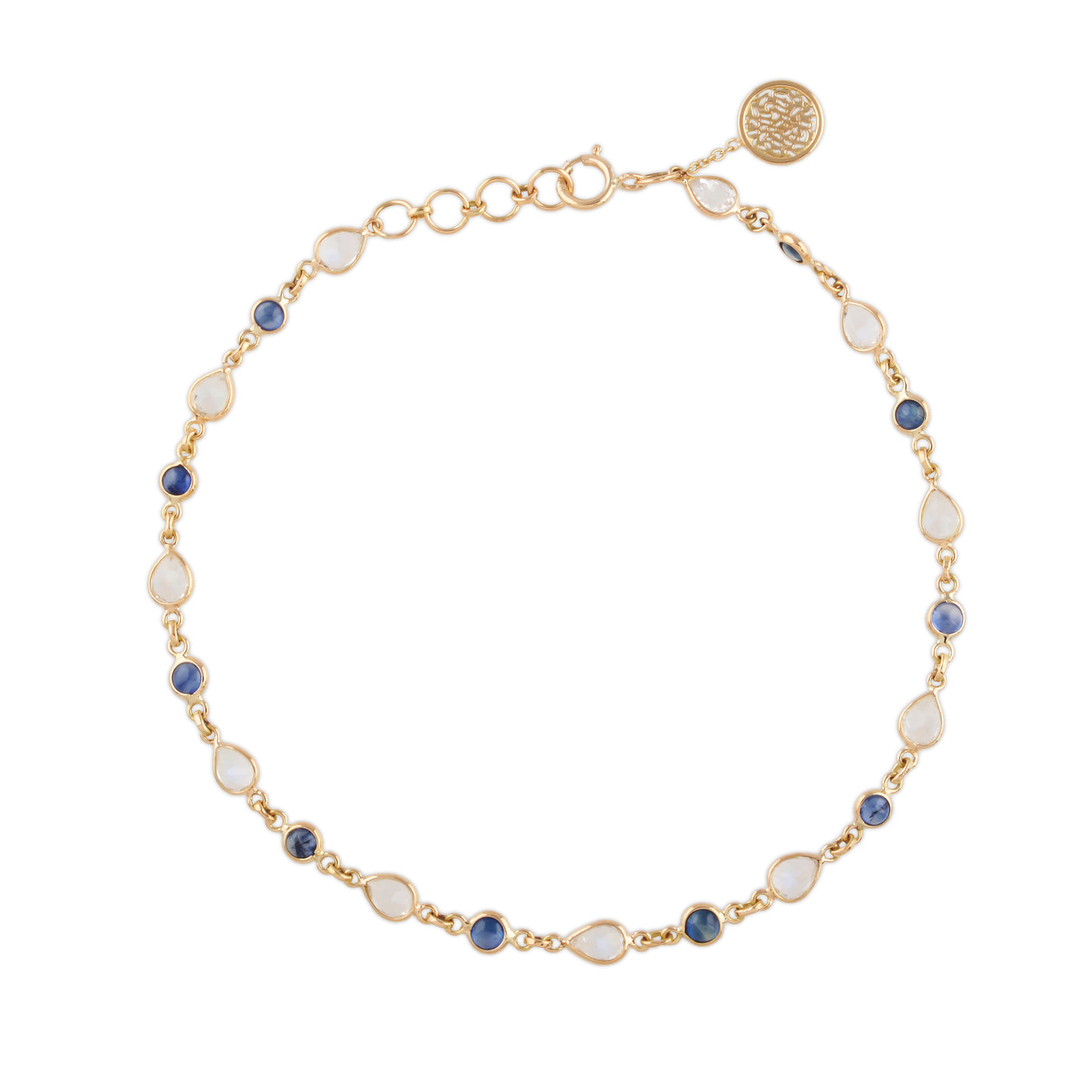 Blue Sapphire Round & Rainbow Moonstone Pear Shape Bracelet In 18K Yellow Gold