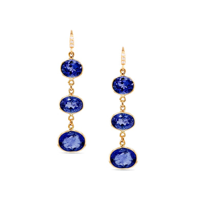 18K Gold Tanzanite & Diamond Earrings – Fin Collection 18K gold Tanzanite drop earrings flatlay – elegant handcrafted jewelry by Tresor Collection