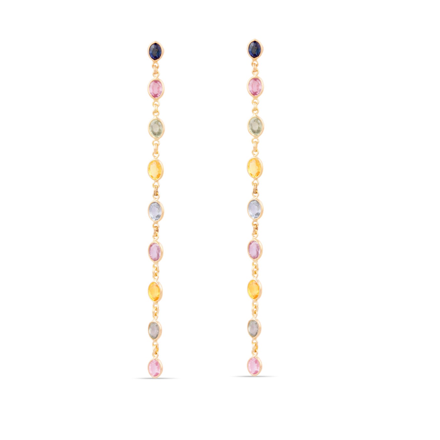 18K gold multi-color sapphire drop earrings flatlay – vibrant handcrafted jewelry by Tresor Collection