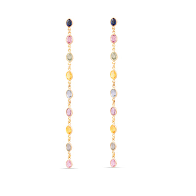 18K gold multi-color sapphire drop earrings flatlay – vibrant handcrafted jewelry by Tresor Collection