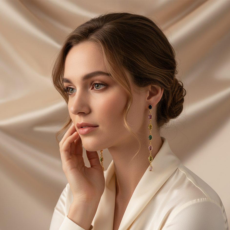 Woman wearing colorful earrings against a beige fabric background Model wearing 18K gold multi-sapphire drop earrings – elegant statement jewelry for special occasions