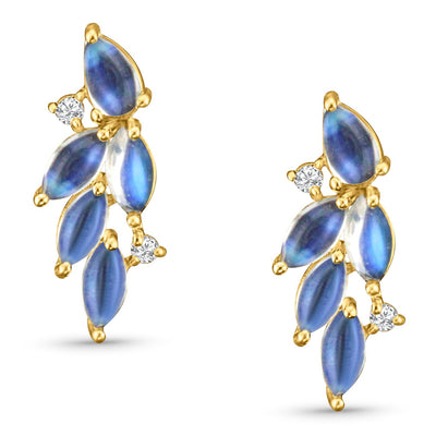 Rainbow Moonstone Pear Shape Earring In 18K Yellow Gold - Tresor Collection Close-up detail of 18K gold Rainbow Moonstone earrings – perfect for adding luxury to any ensemble.